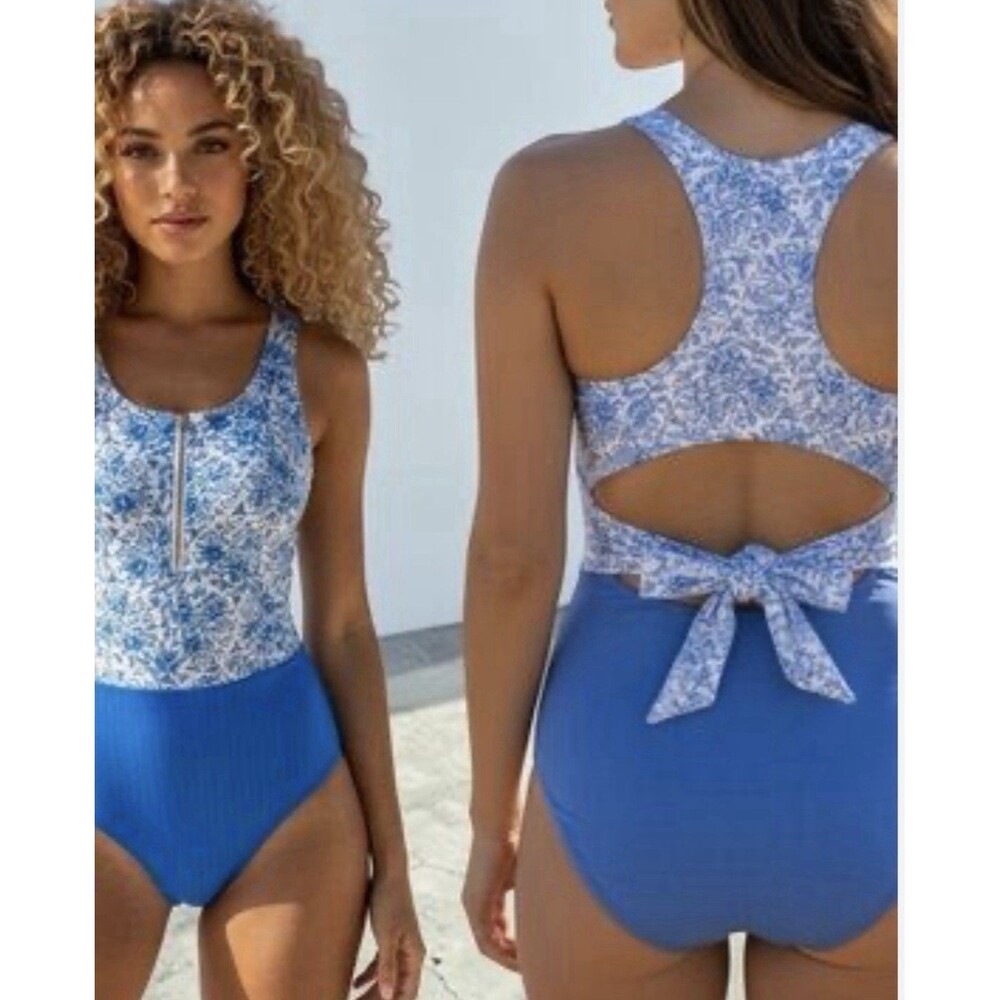 Albion 1 Pc Swimsuit Blue White Floral Tank Top Front Zipper Open Back Womens XL